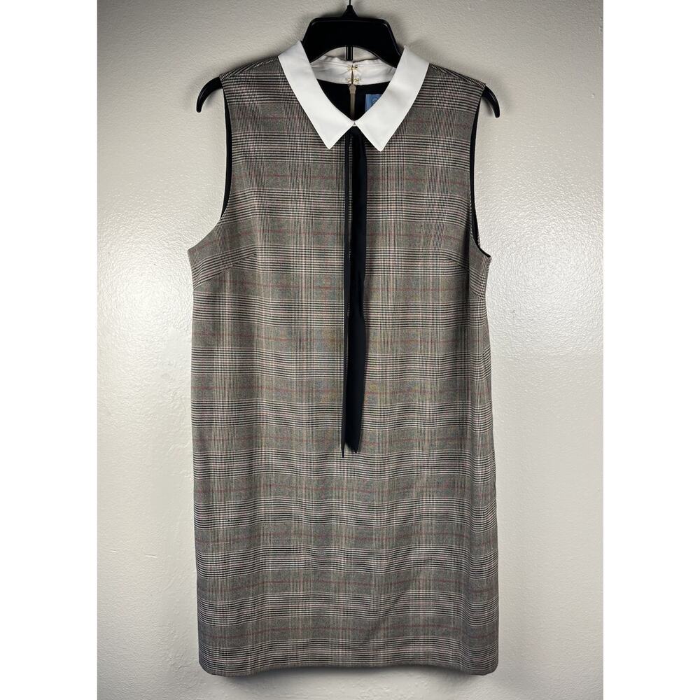 CeCe Women’s Glen Plaid Sleeveless Dress White Peter Pan Collar Black Tie 14